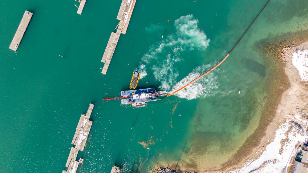 aerial closeup view of the dredge