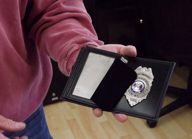 a man holds a wallet with a police badge inside.