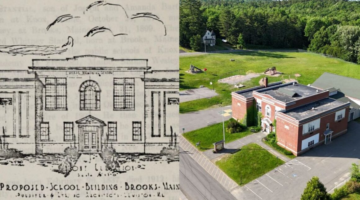 composite showing a drawing of a school and an image of the school