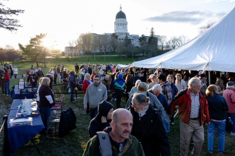 people walking around as part of the event with the state house in the background.