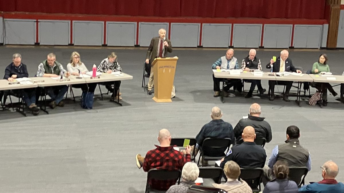 People gather for the March edition of the Farmington town meeting.