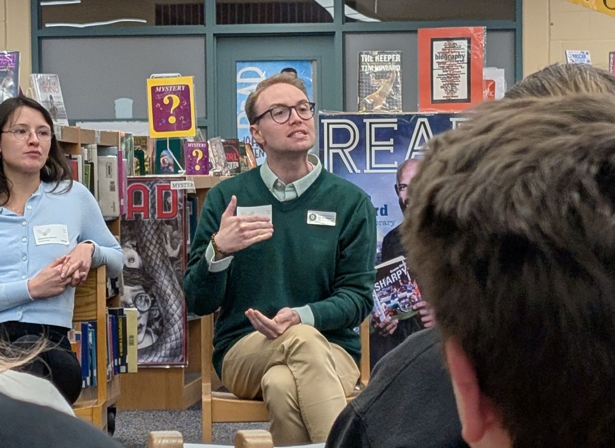 Justin Chenette speaking to students