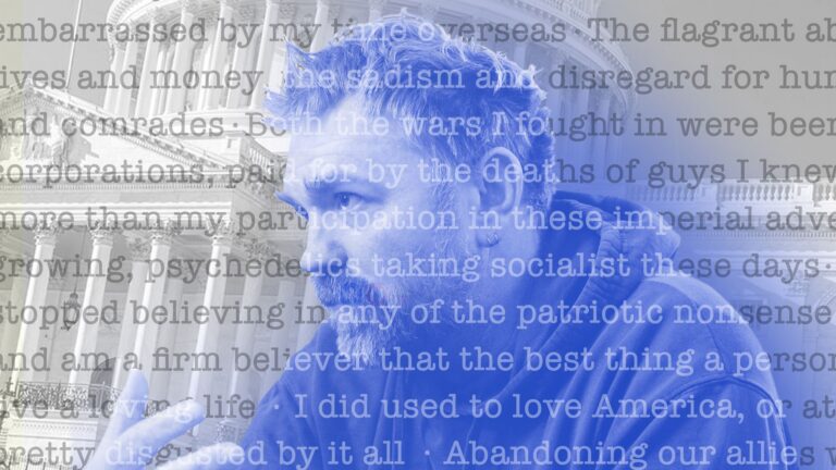 Photo of Graham Platner with reddit comments overlayed as part of the illustration.