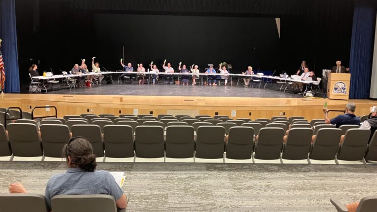 school board members raise their colored voting cards during a vote.