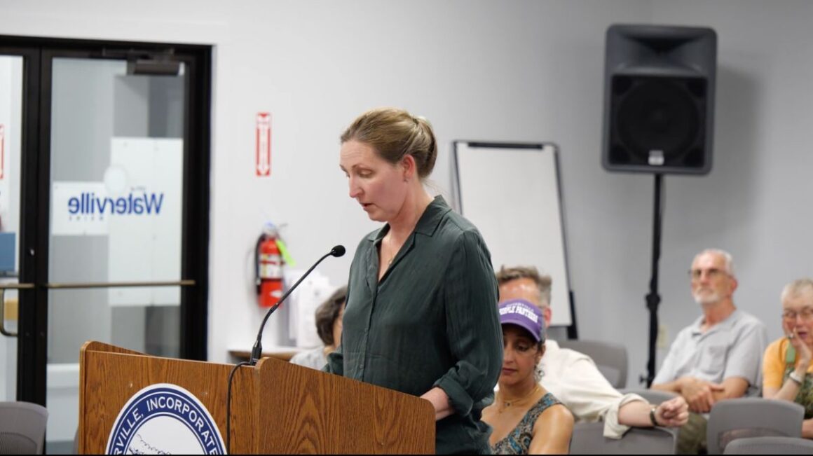 a woman speaks while standing at a podium during a public comment period.