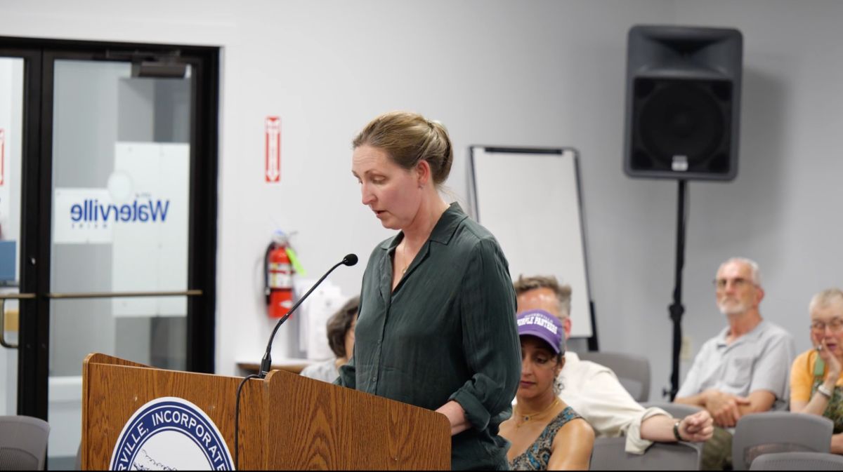 a woman speaks while standing at a podium during a public comment period.
