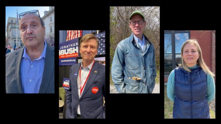 collage of still images from videos of Joe Baldacci, Jonathan Bush, Angus King III and Hannah Pingree.