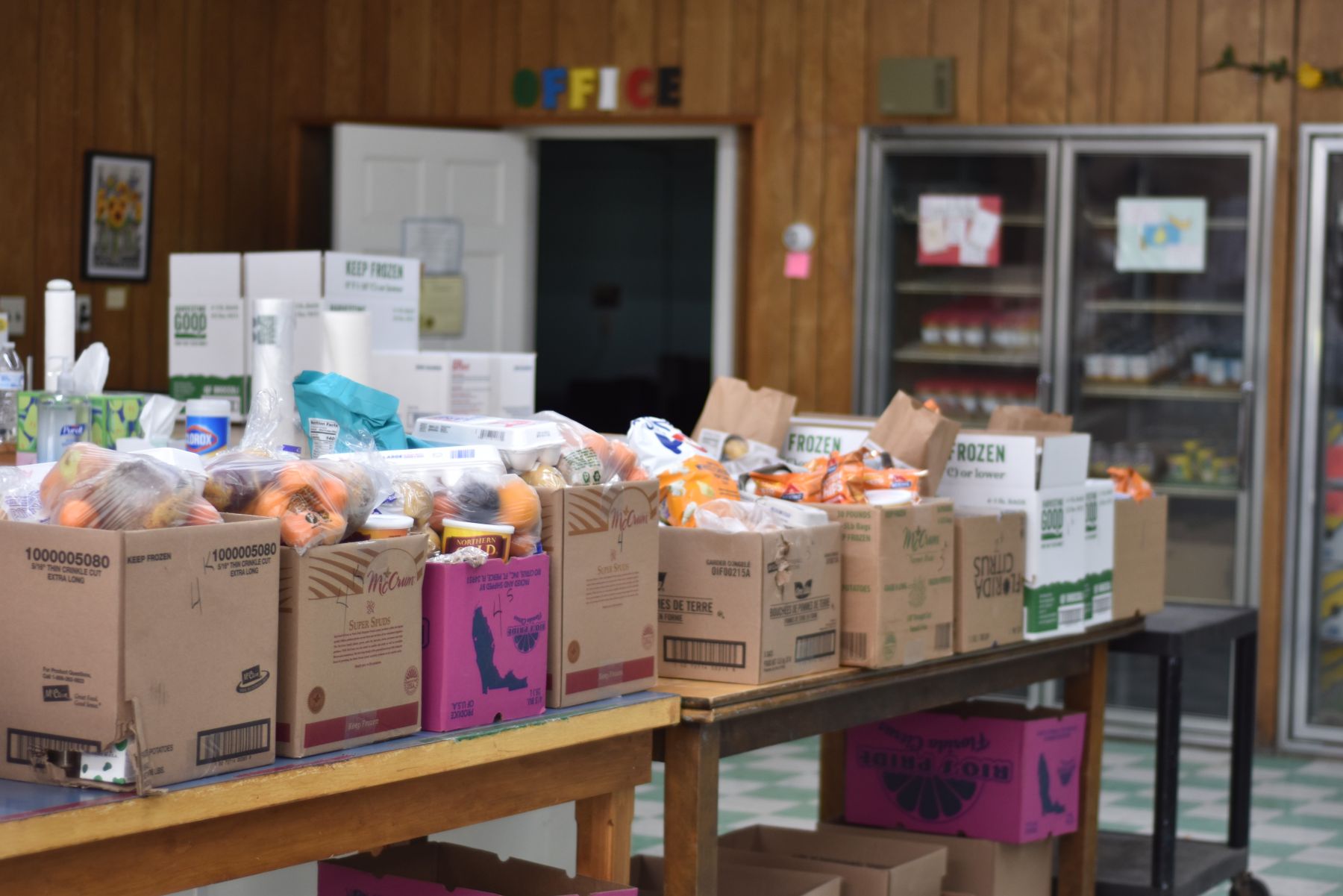 filled food pantry boxes lined up on a table.