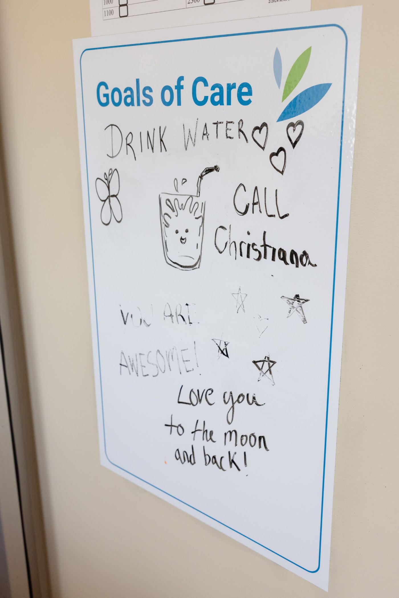 a goals of care whiteboard has reminders, including to drink water and call christiana, written on it. 