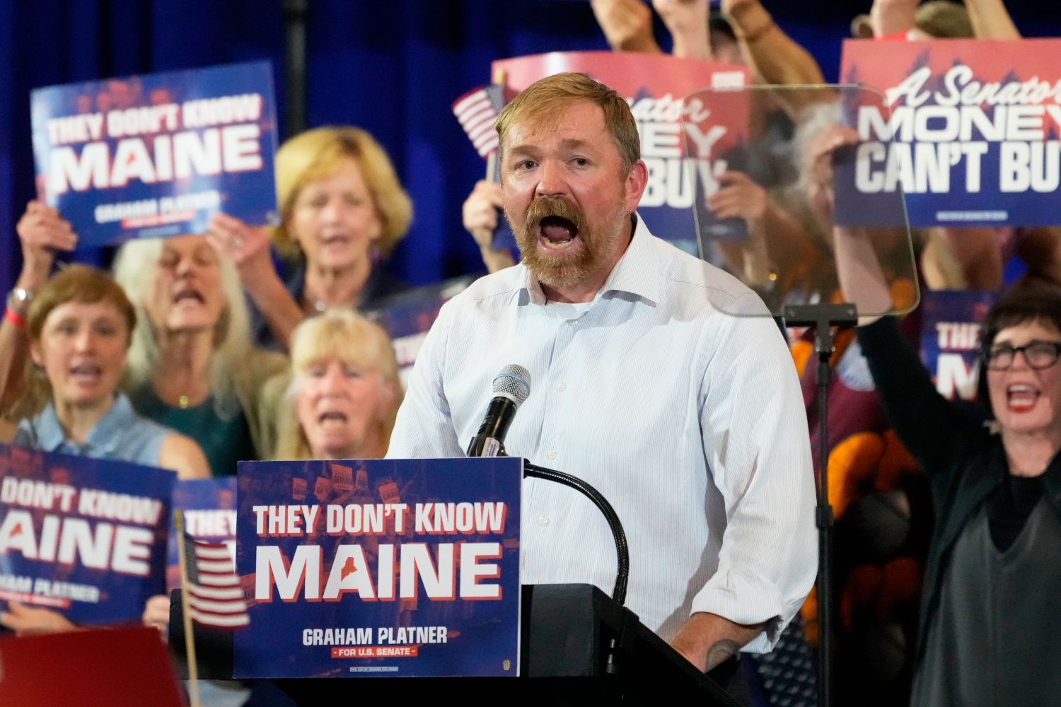 Graham Platner speaks during a post-victory event.