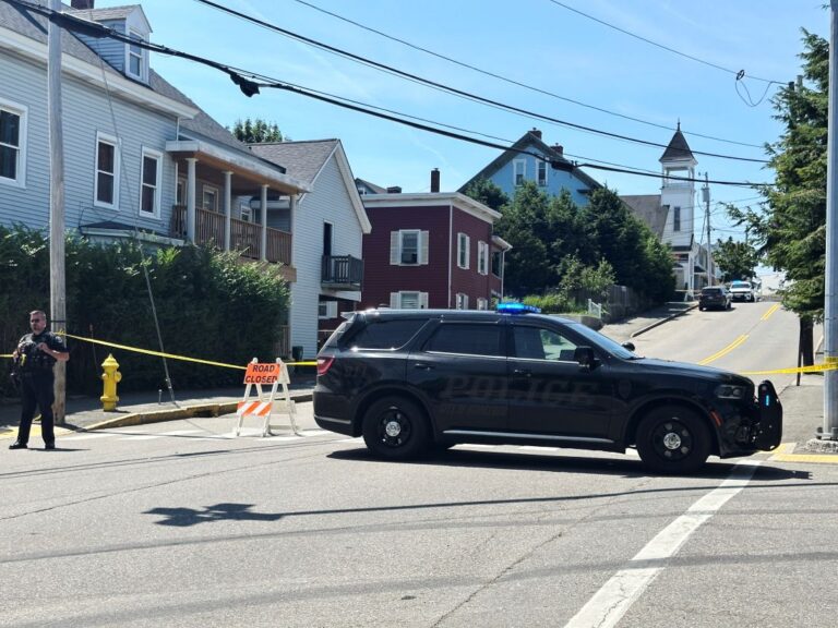 a police cruiser blocks a road at the scene of the incident.