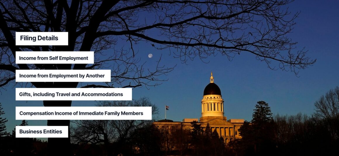 image of the maine state house with the following text overlayed on the image: filing details, income from self employment, income from employment by another, gifts including travel and accommodation, compensation income of immediate family members, business entities.
