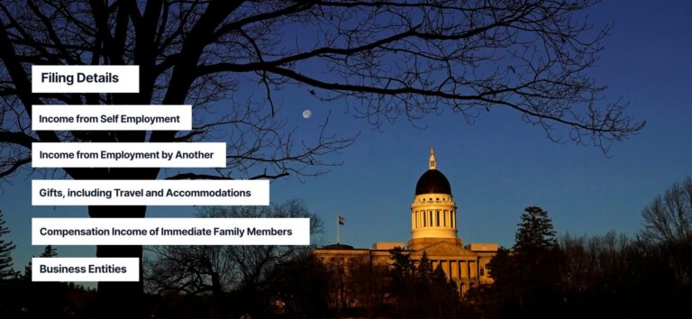 image of the maine state house with the following text overlayed on the image: filing details, income from self employment, income from employment by another, gifts including travel and accommodation, compensation income of immediate family members, business entities.