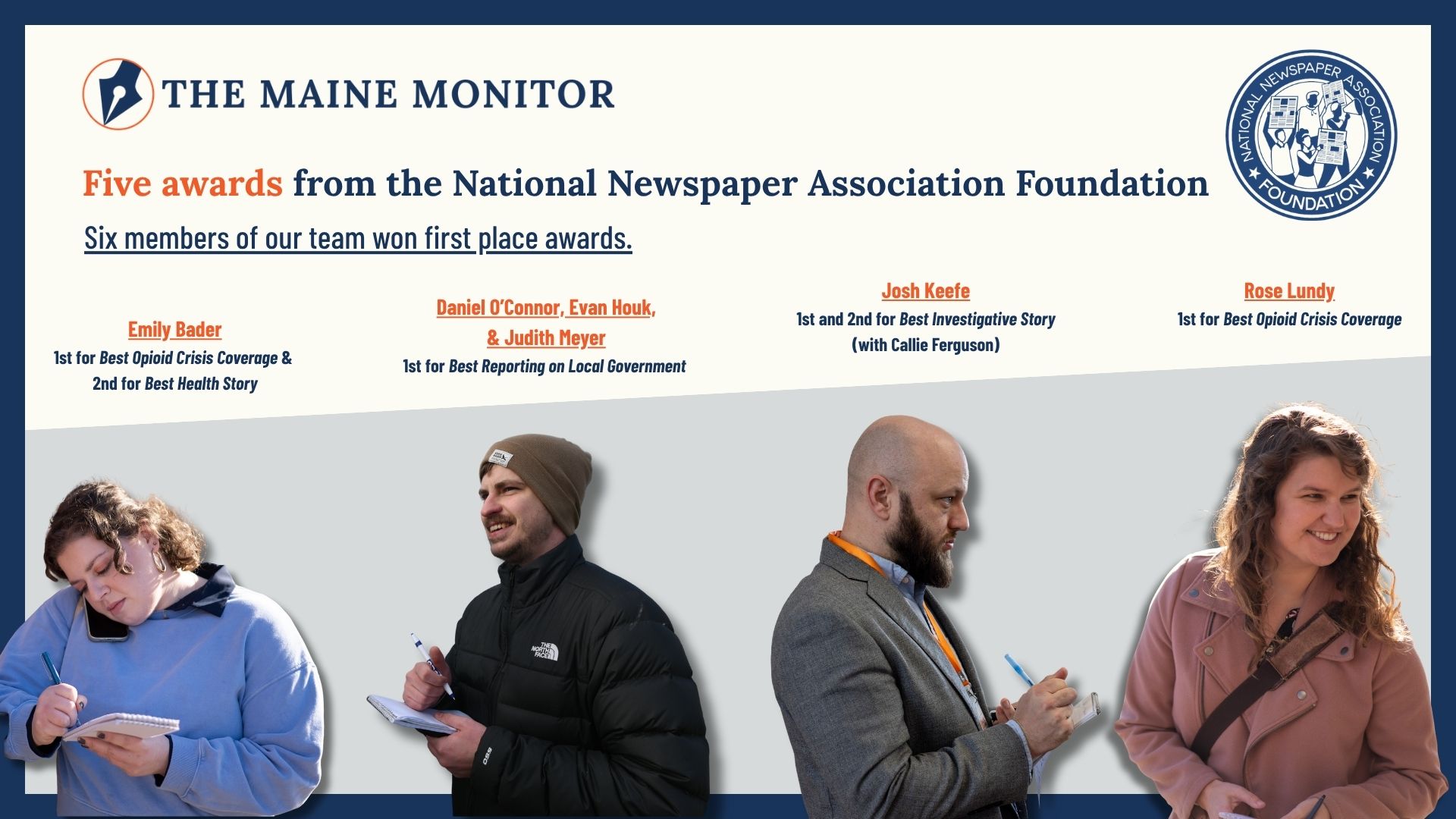 Graphic showing the awards won by members of The Maine Monitor.