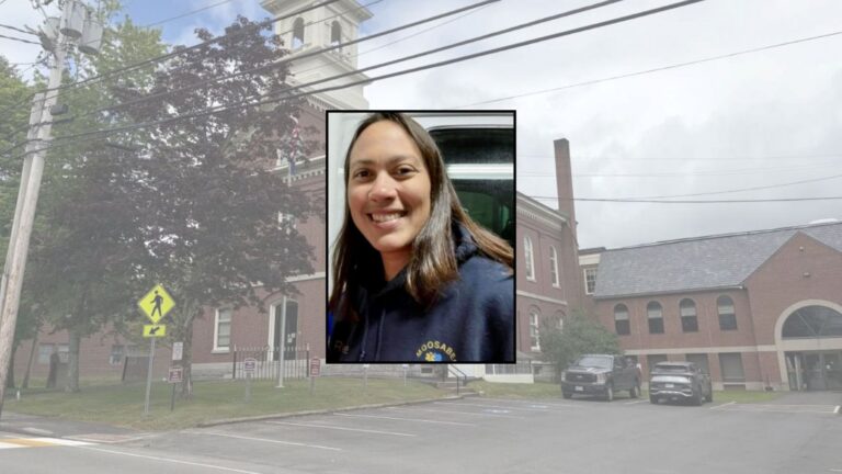 a photo of renee gray overlayed across an image of the courthouse