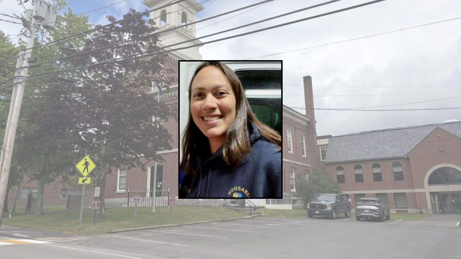 a photo of renee gray overlayed across an image of the courthouse