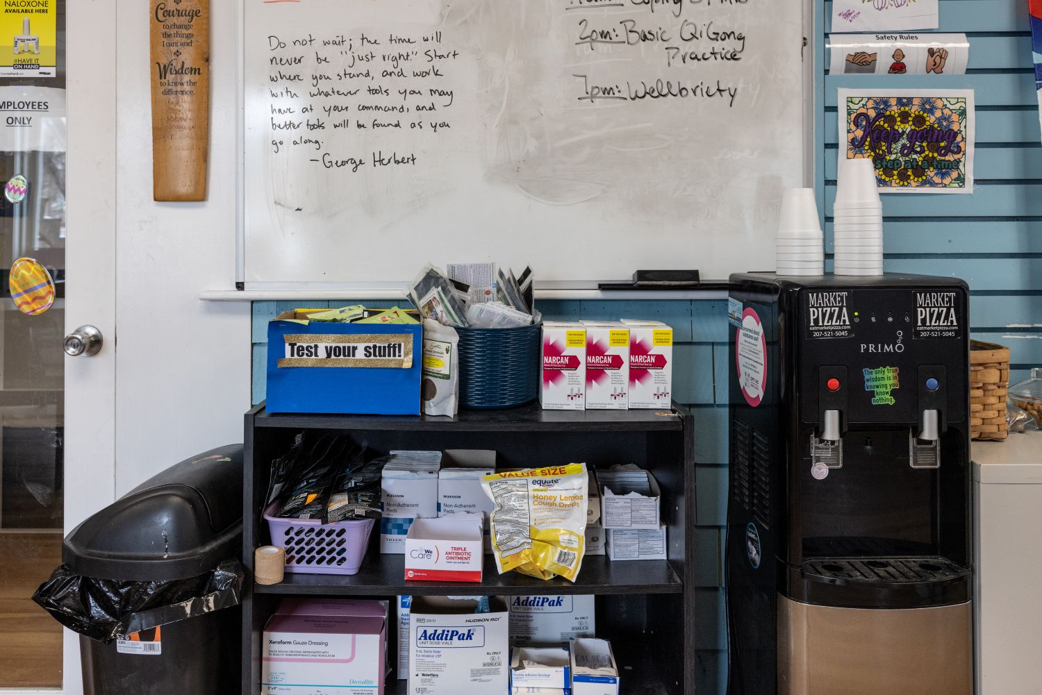 drug testing kits and medical supplies on shelves