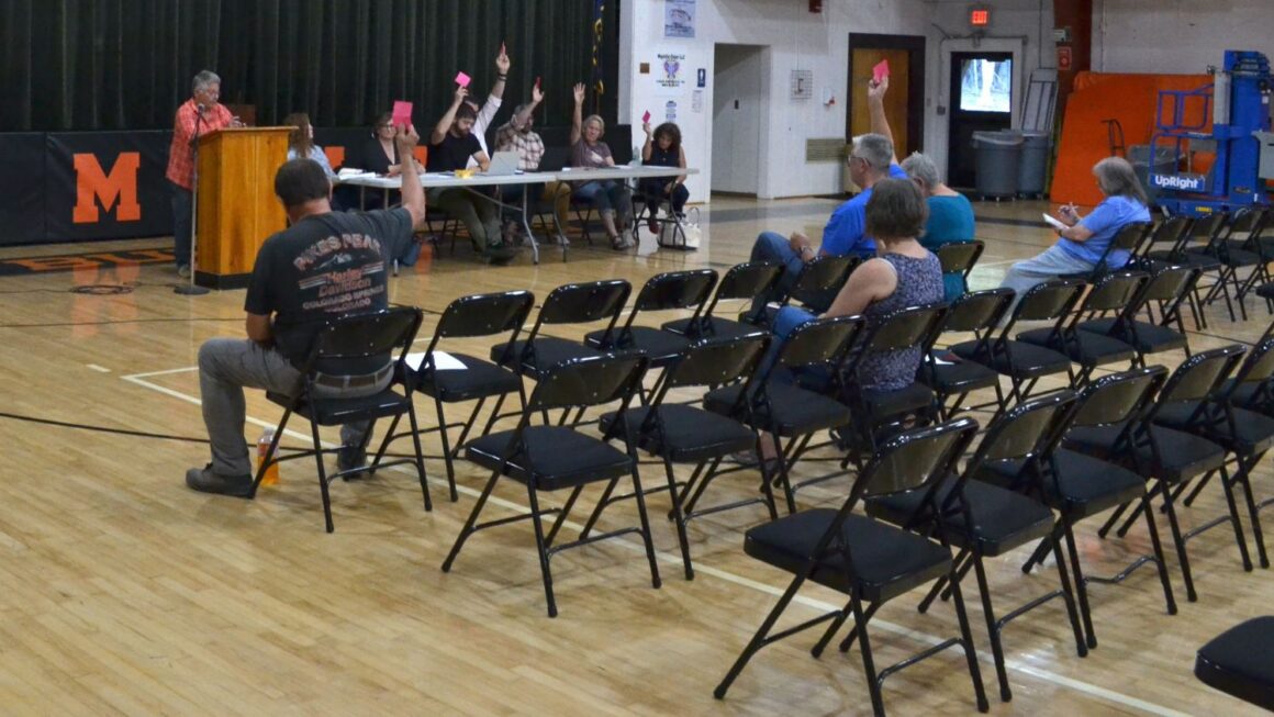 residents raise cards during a voting process