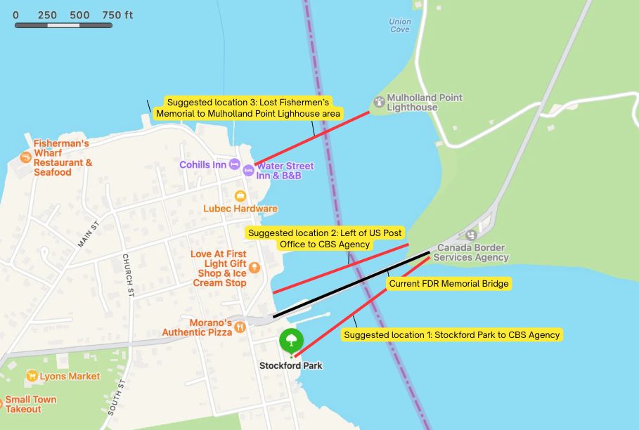 graphic shows alternative bridge locations including stockford park, left of the US Post office and near the los fishermen's memorial.