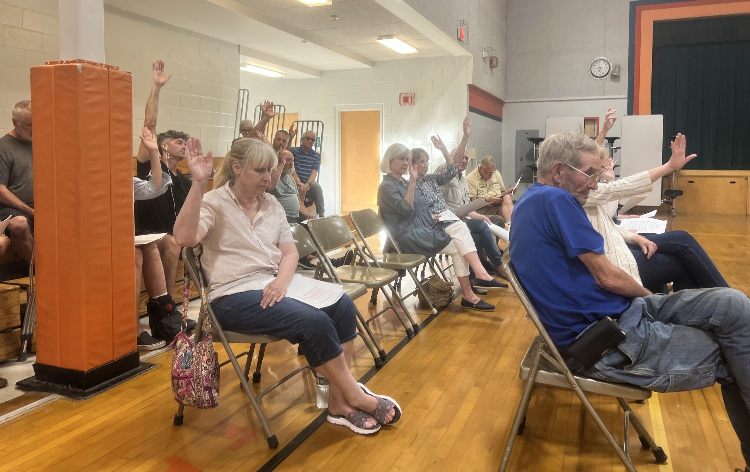 voters raise their hands to cast their vote during a meeting