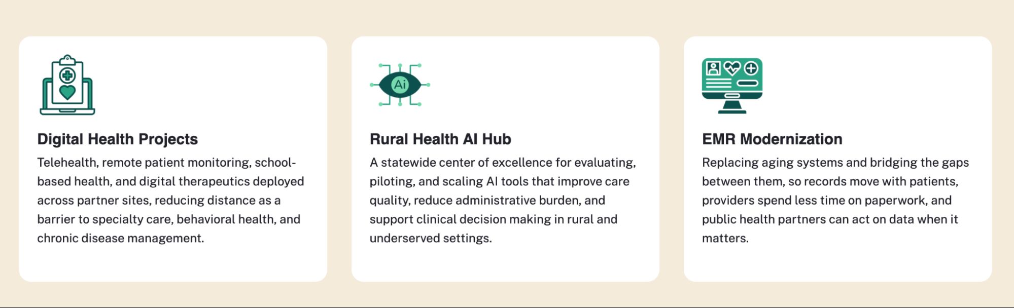 portion of a website that describes tech improvements including a rural health AI hub.