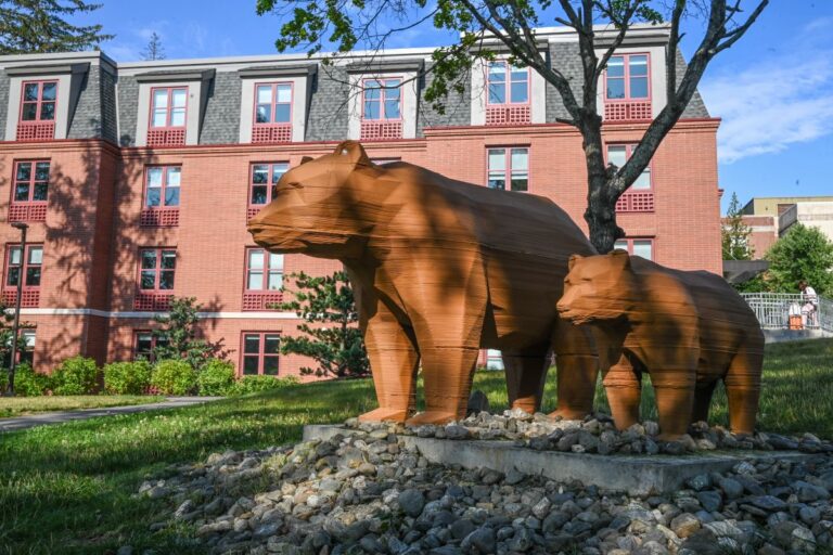 two 3D-printed brown bears in front of the polaris building.
