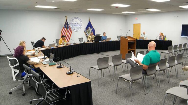 city council members sit around a long meeting table.