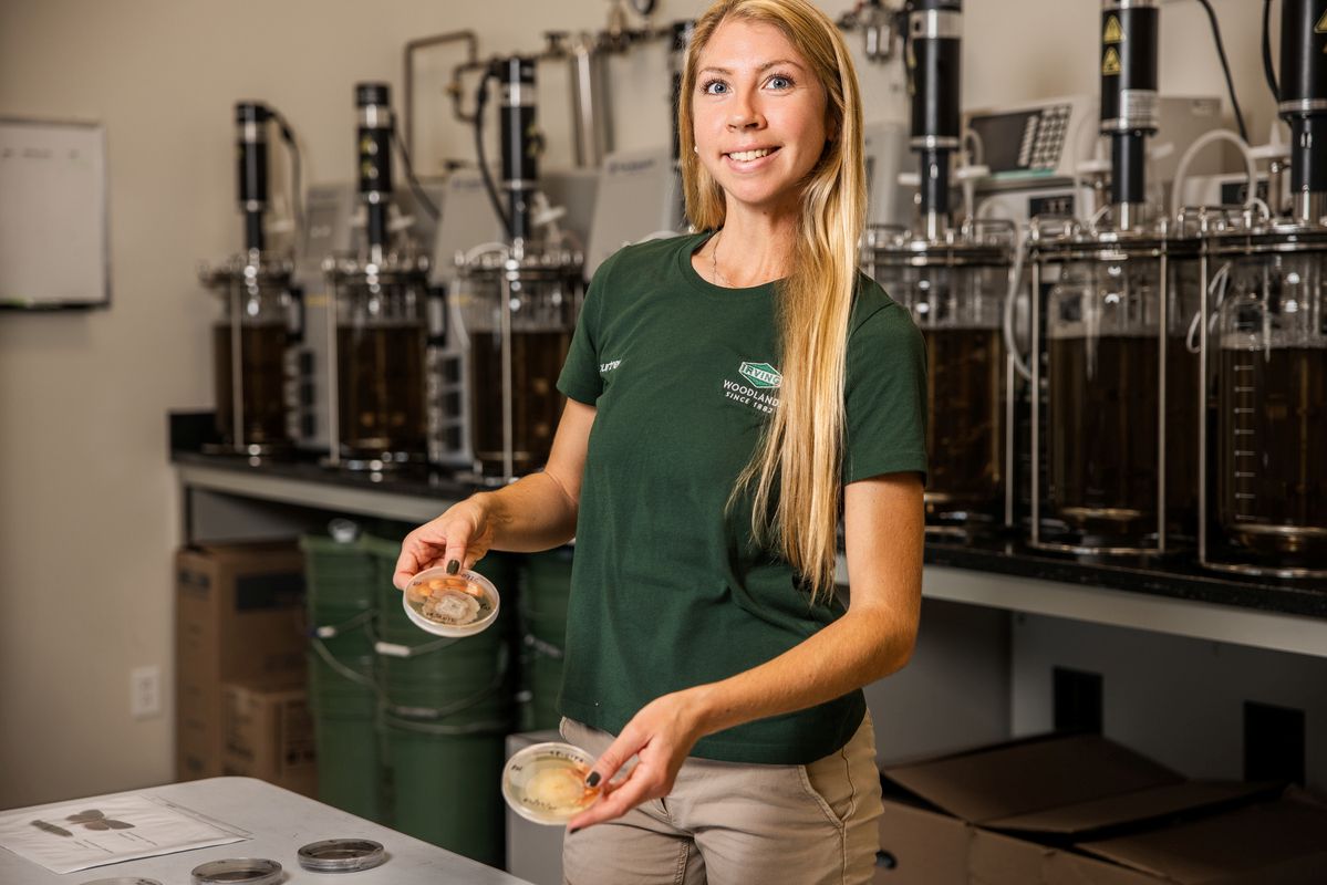 a woman poses with a container of endophytic fungi