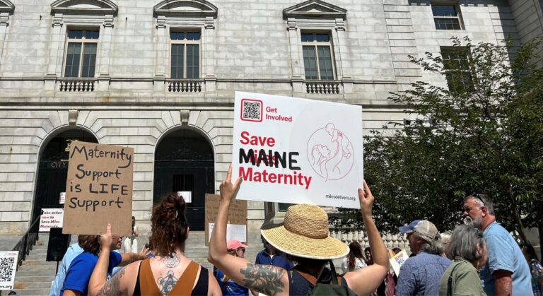 protestors holding save maternity related signs.