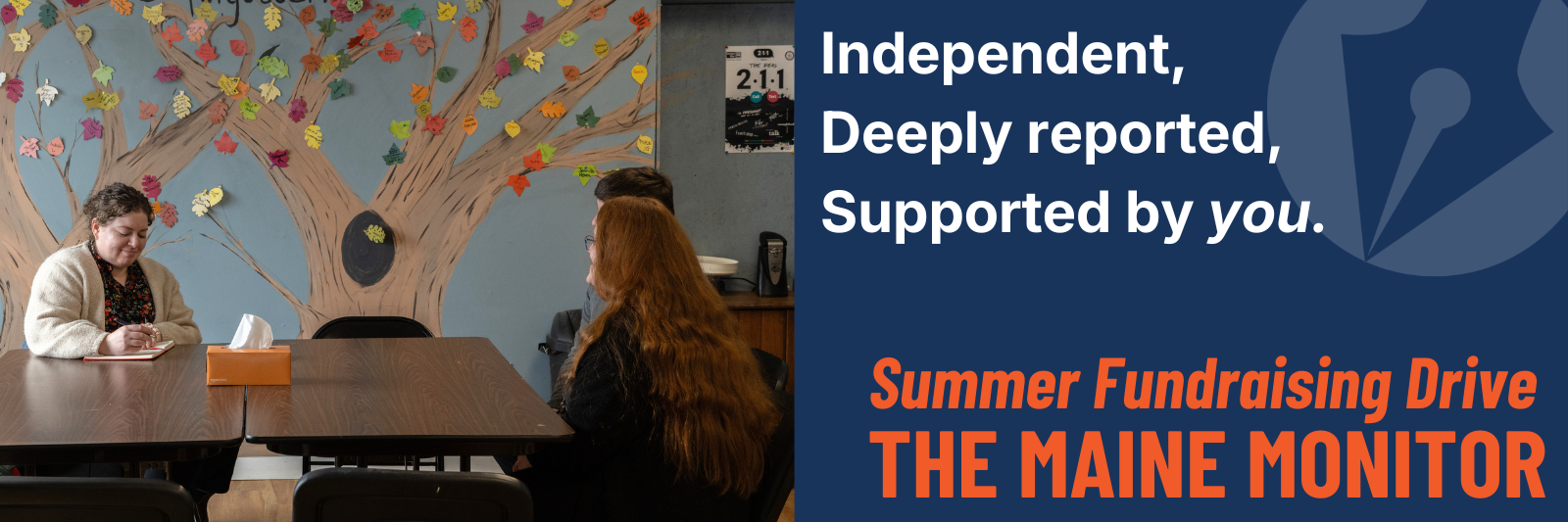 fundraising graphic that shows reporter emily bader interviewing two people. text overlayed states independent, deeply reported, supported by you.