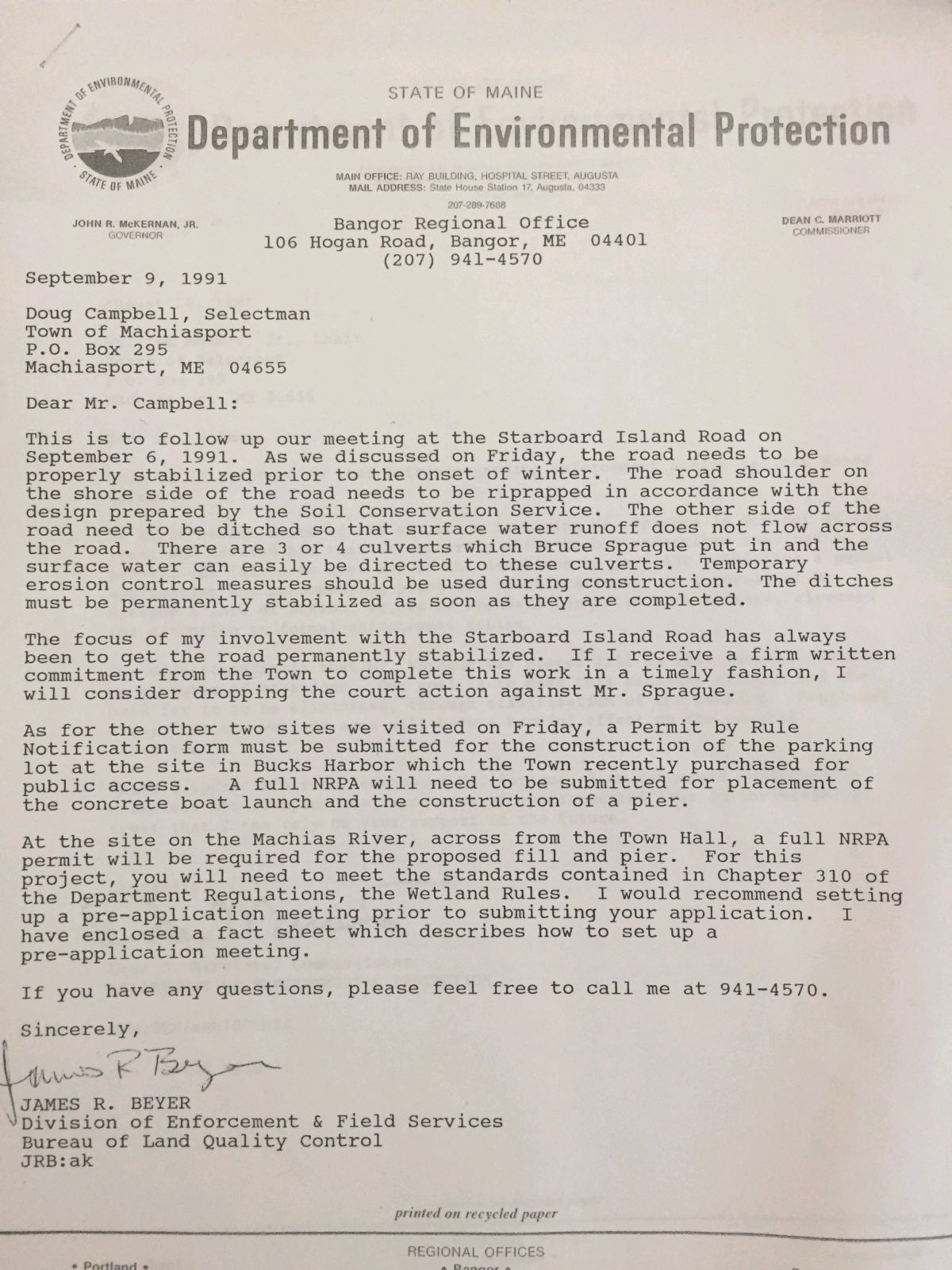 A letter from the Maine DEP in 1991.
