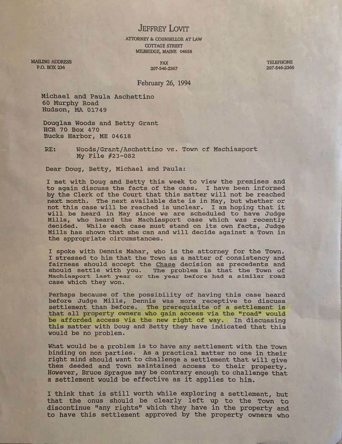 A letter as part of settlement discussions in 1994.