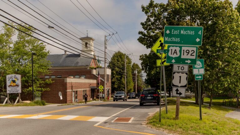 A look down Route 1A at the intersection with Free Street in Machias