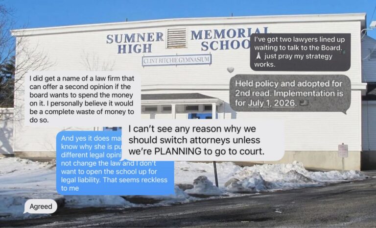 text messages are overlayed on an image of sumner memorial high school