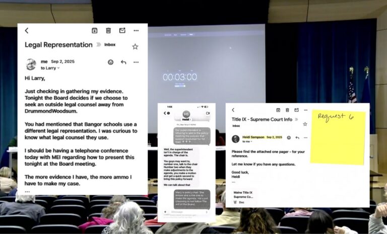texts and emails are overlayed on a screenshot of a school board meeting.