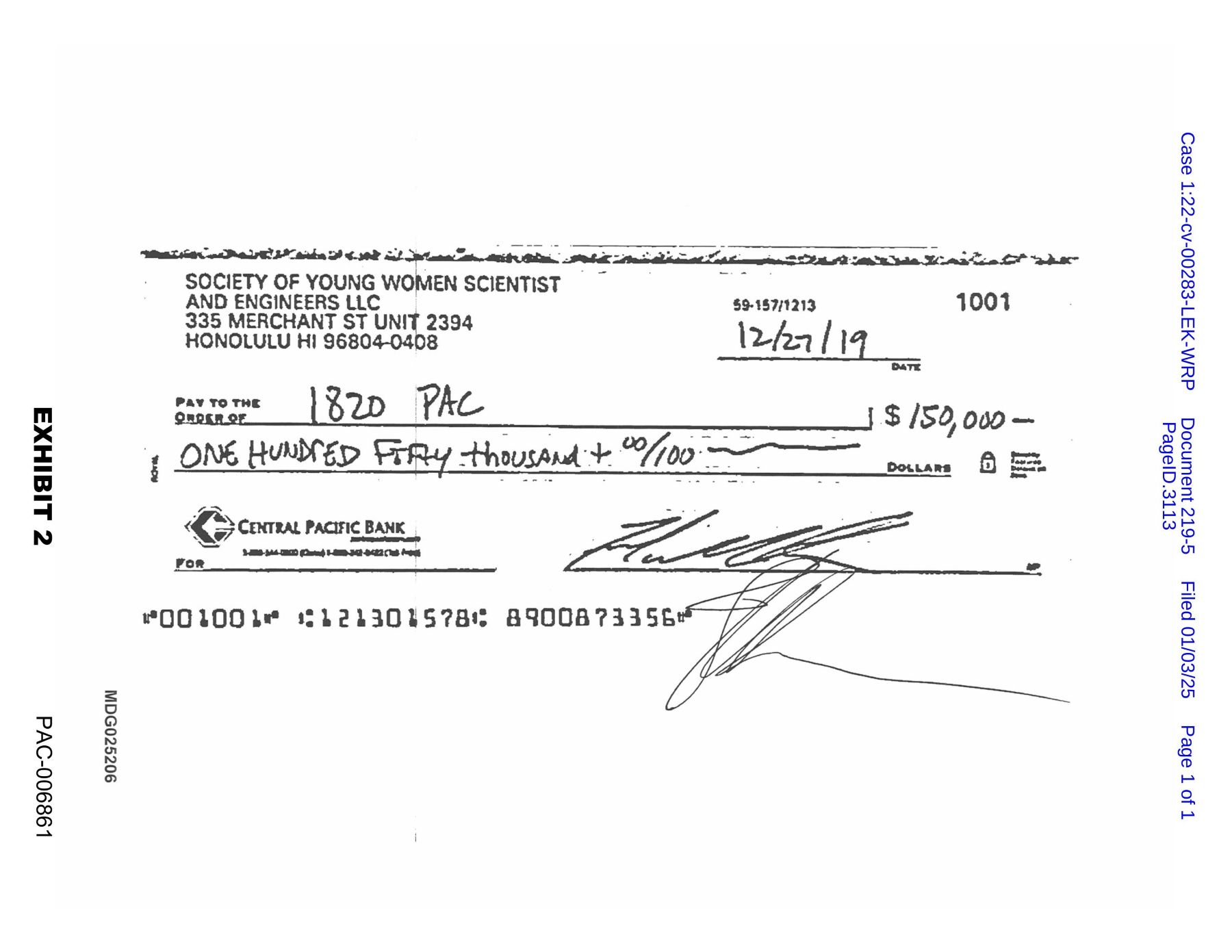 a scan of the check was introduced to the court as an exhibit in the legal proceeding.