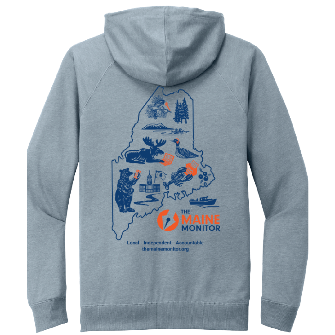 the backside of a Maine Monitor hoodie