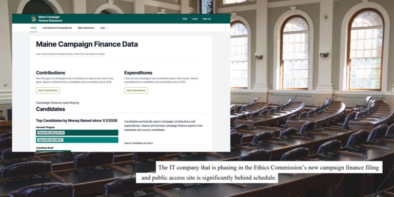 a screenshot of the campaign finance disclosure website overlayed on an image of a state legislature chamber.