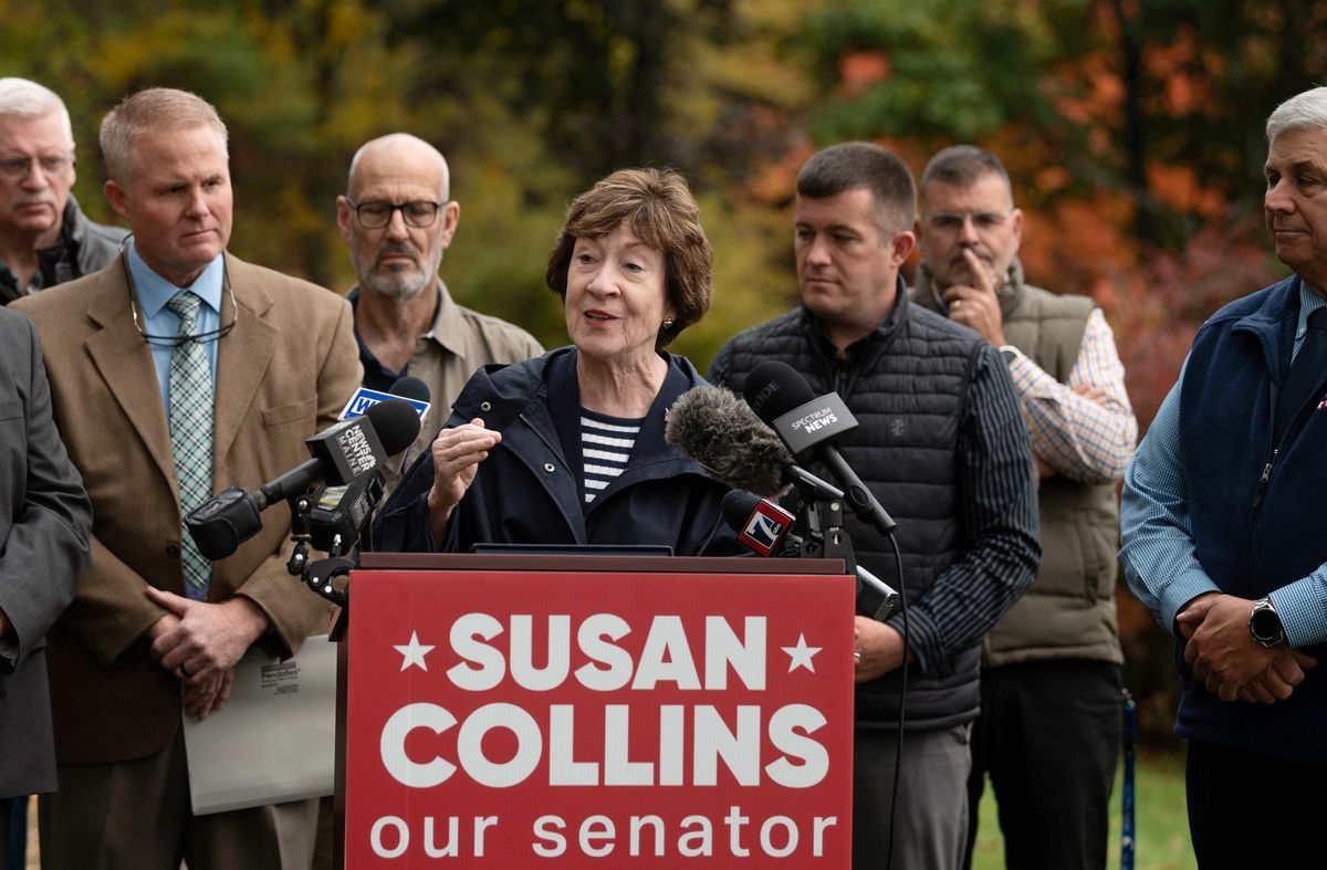 Susan Collins speaks at a podium during a campaign endorsement event.