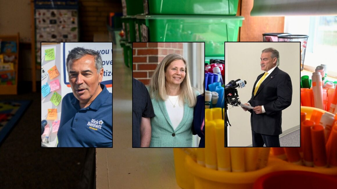 candid photos of the three candidates for governor overlayed on a closeup of markers in a classroom.