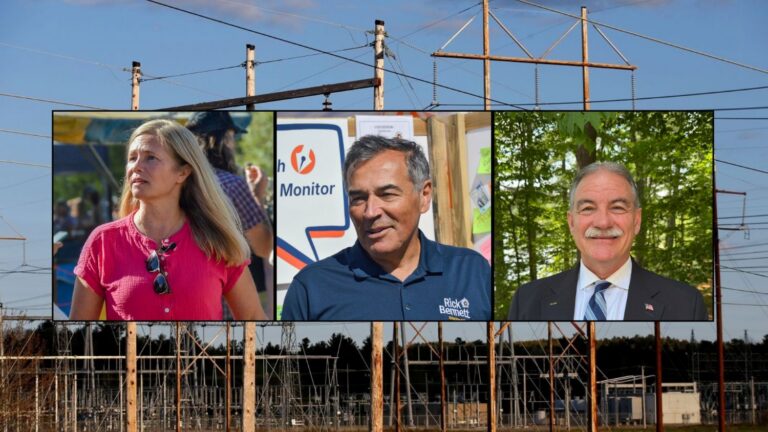 Photos of the three gubernatorial candidates overlayed on a transmission line photo