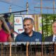Photos of the three gubernatorial candidates overlayed on a transmission line photo