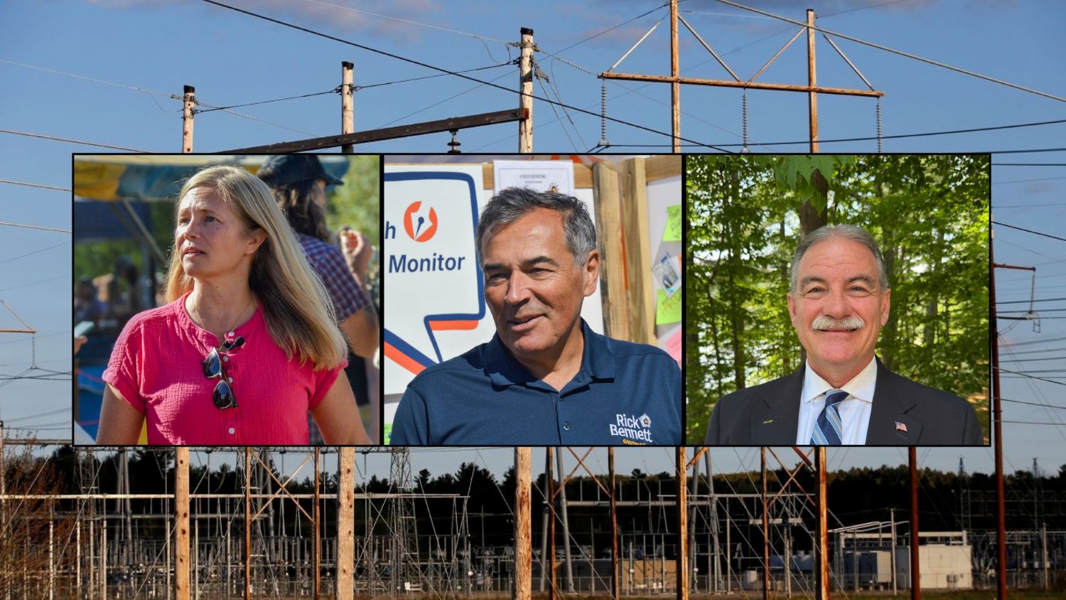 Photos of the three gubernatorial candidates overlayed on a transmission line photo
