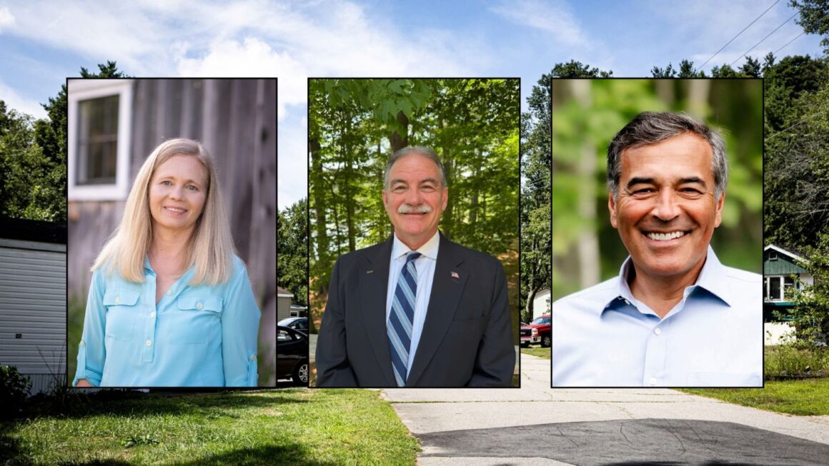 photo of a mobile home park has headshots of the three gubernatorial candidates overlayed on top of it.